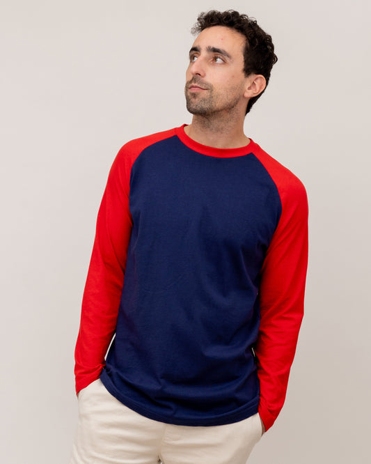 Long Sleeve Raglan Baseball Tee - Navy/Red